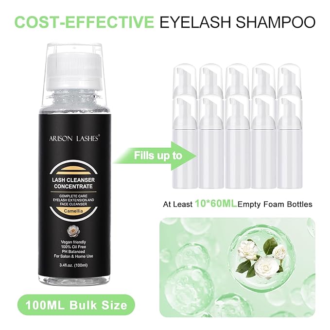 ARISON LASHES Eyelash Cleanser Concentrate 100ml Lash Extensions Shampoo Natural Foaming Cleanser DIY Non-lrritating 20 Bottles 60ml lash Shampoo(Camellia)