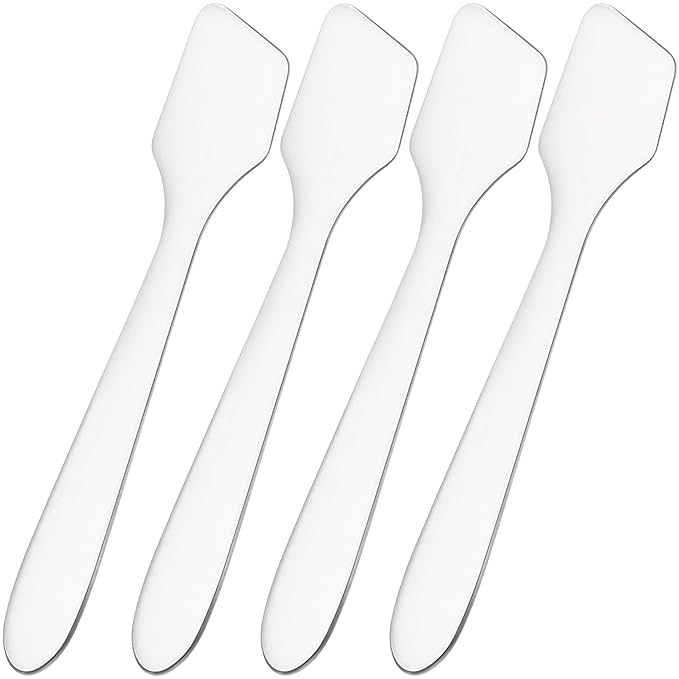 4pcs Mini Metal Makeup Spatula, Reusable Cosmetic Cream Spatulas Spoon, Skincare Scoop Applicator Facial Massage Beauty Tools for Mixing and Sampling Face Eye Cream- Silver