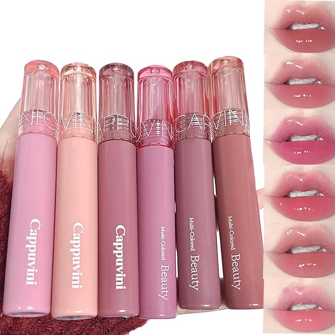 6 Colors Hydrating Plumping Lip Gloss Set,Glossy,Natural Color, Long-lasting Waterproof Moisturizing Shimmer Jelly Lip Glaze Tinted Lip Balm,Mirror Liquid Water Glow Lipstick