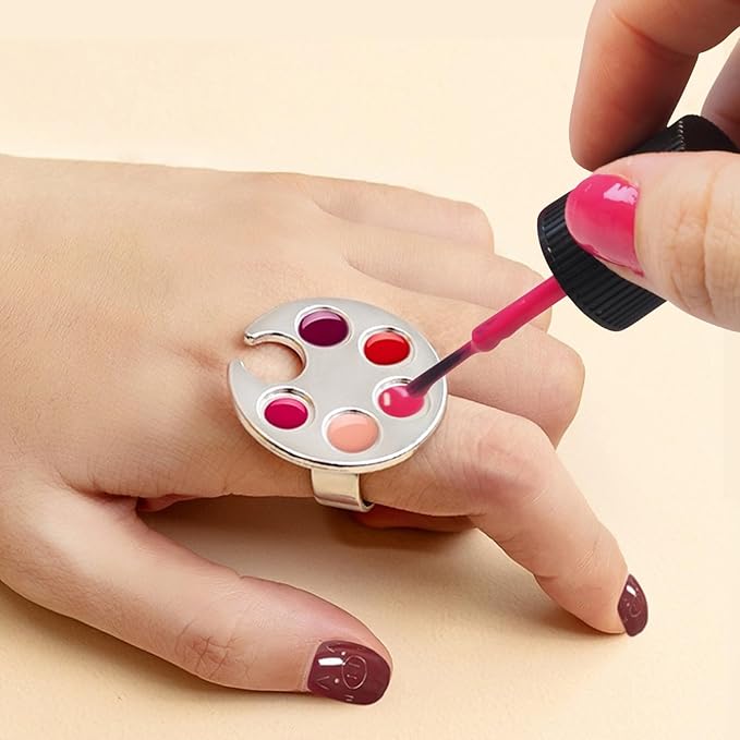 8 Pack Mini Nail Paint Art Palette Finger Rings Metal Manicure Palette Tools Makeup Palettes Makeup Mixing Palette Ring Wearable Metal Nail Art Polish Holder Nail Art Tools
