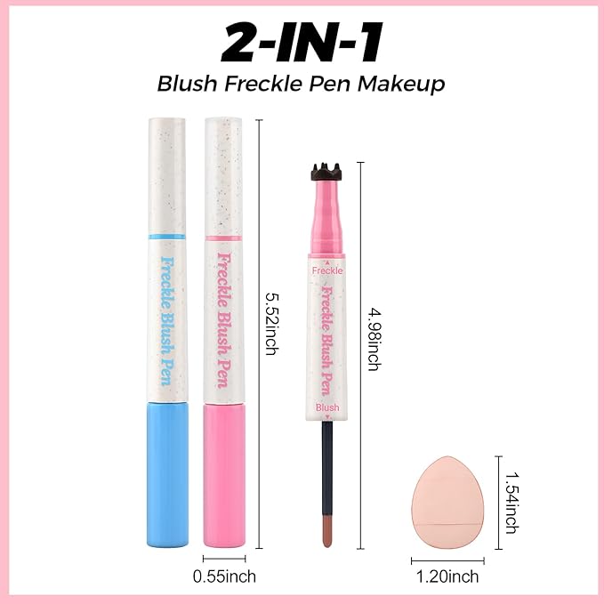 Erinde 2PCS Natural Freckle Blush Pen, 2 in 1 Liquid Freckle Stamp & Liquid Blush for Cheeks, Long Lasting Waterproof Freckles Tattoo Marker for Natural Sunkissed Makeup