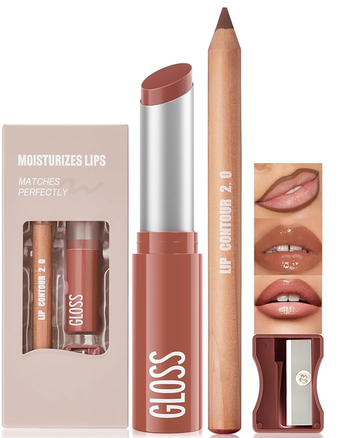 2 Pcs Lipstick and Lip Liner Set Hydrating Lip Tint Non-Sticky Lightweight Lip Balm Plumping Lip Kit for Women Matte Lip Pencil Long Lasting Gradient Glossy Lip Combo with Sharpener, 05