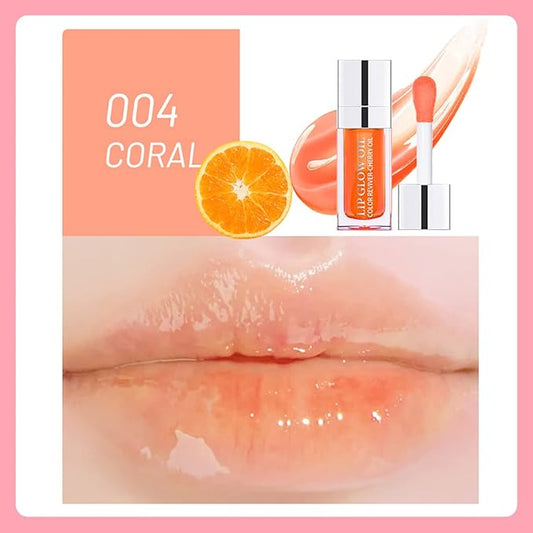 Lip Oil Hydrating Tinted Lip Balm, Plump Lip Gloss Lip Care Transparent Toot Lip Oil Tinted (004# Coral Orange)