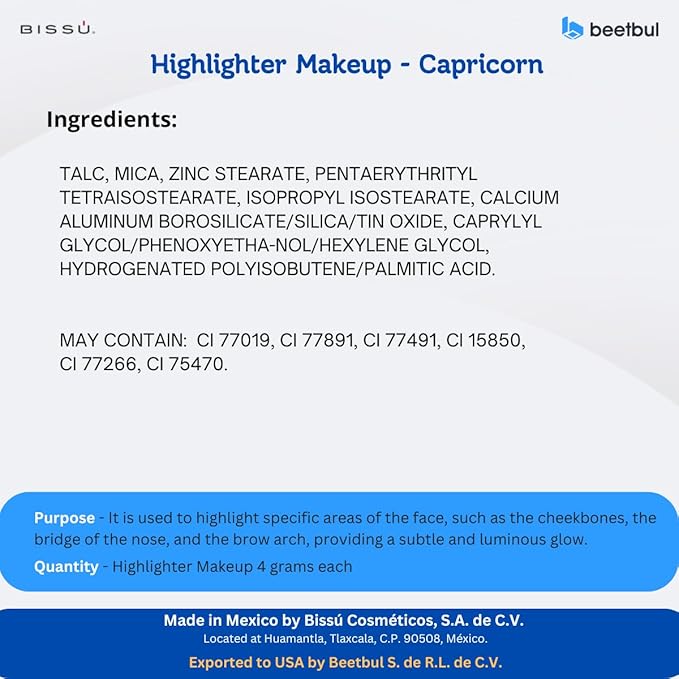 Bissú Powder Highlighter Makeup – Lightweight, Silky Formula for Radiant Skin, Easy Application, 10 Versatile Shades (08 Capricorn, 4.5 Grams)
