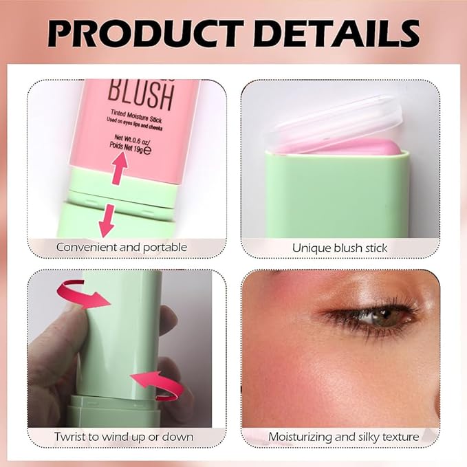Multi-Use Makeup Blush Stick for Cheeks, Cream Blush Wand, Tinted Solid Moisturizer Stick for Cheek Eyes Lip Tint, Natural Nude Makeup, shypink