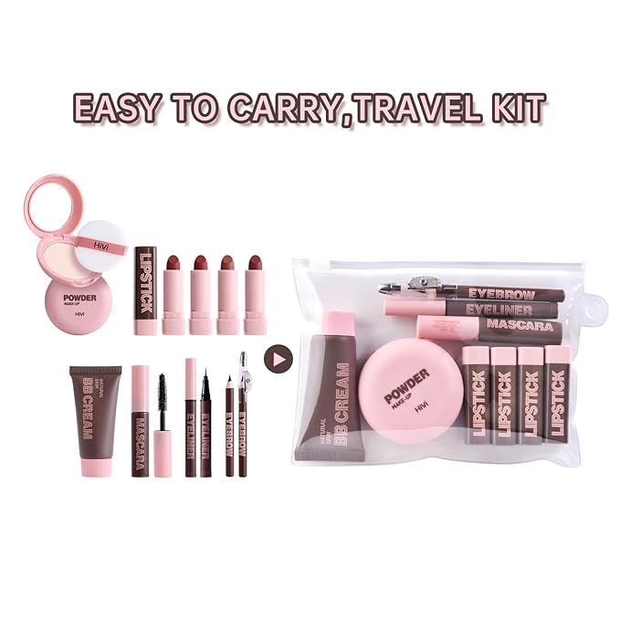 LAMUSELAND Makeup Set Full Kit, 9 Pieces All in One Professional Makeup Gift Set for Women Girls Beginner, include Lipstick, Eyebrow, Eyeliner, BB Cream, Powder, Mascara (B)
