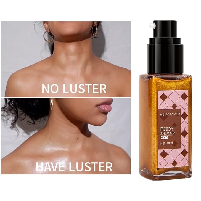 Body Glow Shimmer Body Oil Liquid Highlighter, Gold Shimmering Body Lotion Glitter Luminizer Moisturizing Waterproof, Natural Skin Shimmer For Body and Face Makeup Women Men (60ml/2 oz)
