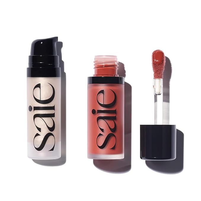 Saie Mini Glowy Super Gel Lightweight llluminator & Makeup Primer - Starglow (0.5 oz) + Dew Blush - Lightweight Liquid Blush with a Blendable + Buildable Cream Finish - Spicy (.40 oz)