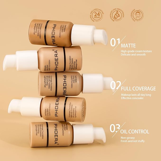 PHOERA Foundation Makeup Naturally Liquid Foundation Full Coverage Mattle Oil-Control Concealer 8 Colors Optional,Great Choice For Gift (#105 Sand,30ml)