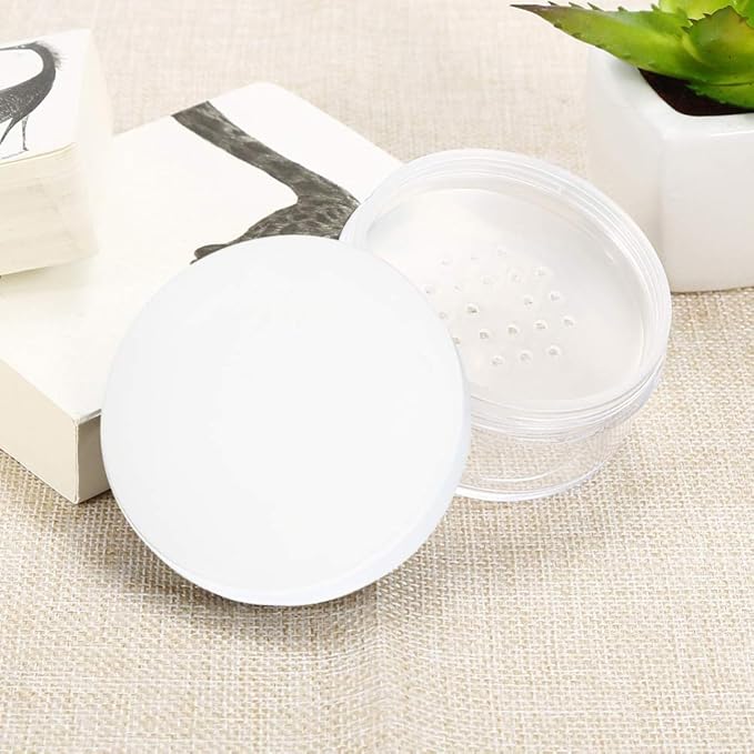 AKOAK Capacity 50 ml(1.69 oz) Empty Reusable Plastic Loose Powder Compact Container DIY Makeup Powder Case with Sifter and Lined Screw Lid,White Lid,Pack of 4