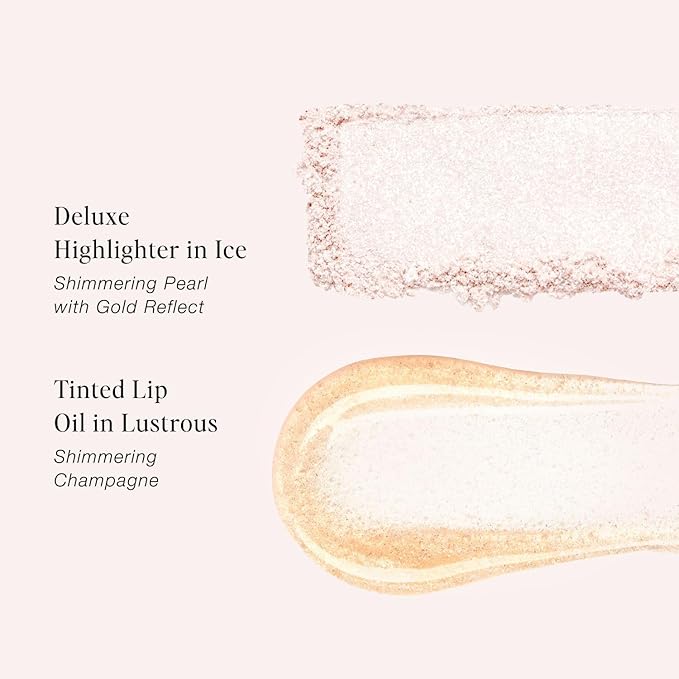 Jouer Glow On La Go Cheek & Lip Set - Deluxe Ice Highlighter + Diamond Shimmering Tinted Lip Oil - Highlighter Powder for Face - Luminizing Powder & Shimmer Lip Oil