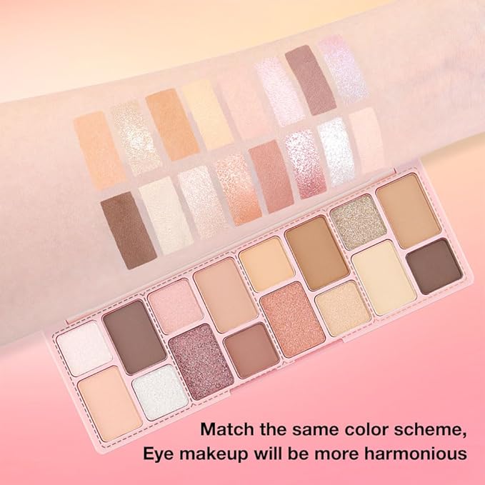 16 Color Pink Champange Brown Gold Colorful Matte Glitter Shimmer Eyeshadow Palette with Mirror for Eye Makeup,Highly Pigmented Korean Natural Rainbow Eye Shadow palette,Blendable-06