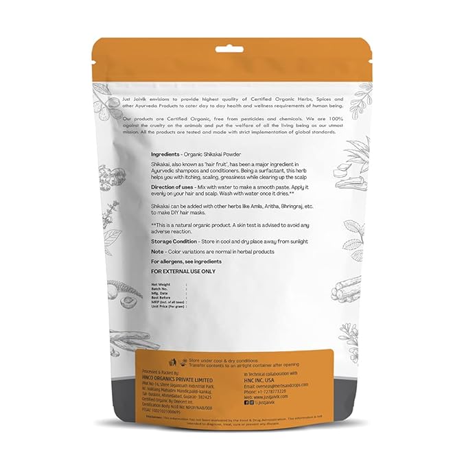 Just Jaivik 100% Organic Shikakai Powder - Certified Organic by OneCert Asia, 227 gms / 1/2 LB Pound / 08 Oz - Acacia Concina - (AN USDA Organic Herb)