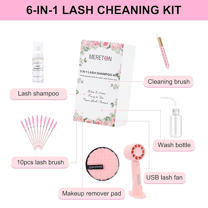 Lash Shampoo Kit 60 ml Lash Shampoo for Lash Extensions Lash Extension Cleanser 6 in 1 Eye Lash Cleansing Foam for Lash Clusters with Lash Wash, Lash Fan, Makeup Pad, Rinse Bottle, Lash Brush