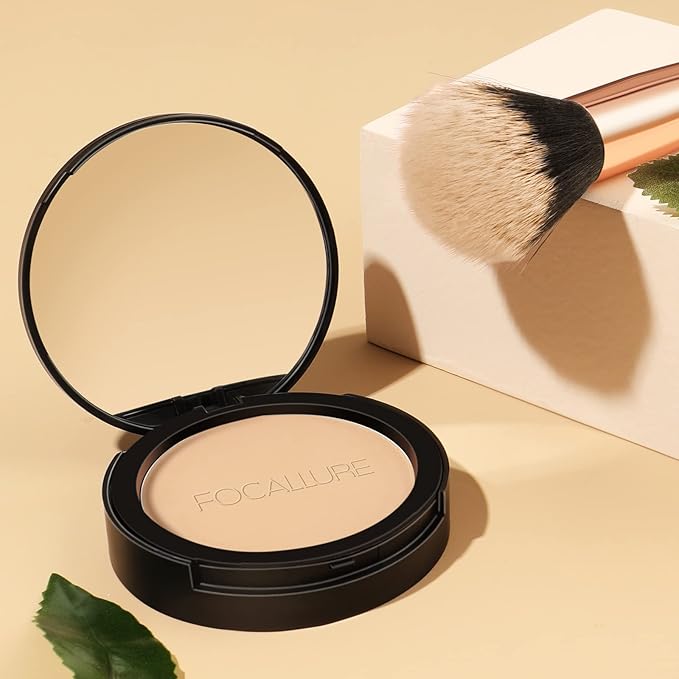FOCALLURE Flawless Pressed Powder, Control Shine & Smooth Complexion, Pressed Setting Powder Foundation Makeup, Portable Face Powder Compact, Long-Lasting Matte Finish, Beige