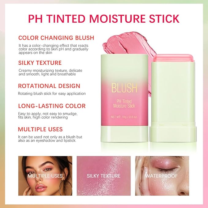 PH Tinted Moisture Stick,Multi-Use Cream Color Changing Blush, 3-in-1 Blush Stick for Cheek/Eyes/Lips, Waterproof Hydrating Tinted Solid Makeup Products (1# Shy Pink)