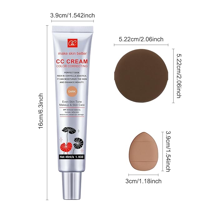 Color Correcting CC Cream with Powder Puff 【SPF 25】, Light & Hydrating CC Cream Foundation with Centella Asiatica, Multi-Purpose for Even Skin Tone, Refine Skin Texture, SPF Protection (Dark)