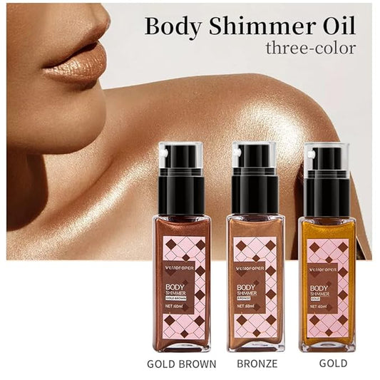 Body Glow Shimmer Body Oil, Shimmering Body Oil Lotion Glitter for Skin Body Highlighter Liquid Luminizer, Natural Body Shimmer Oil Gold Brown Moisturizing Waterproof Women Men Makeup (60ml/2 oz)