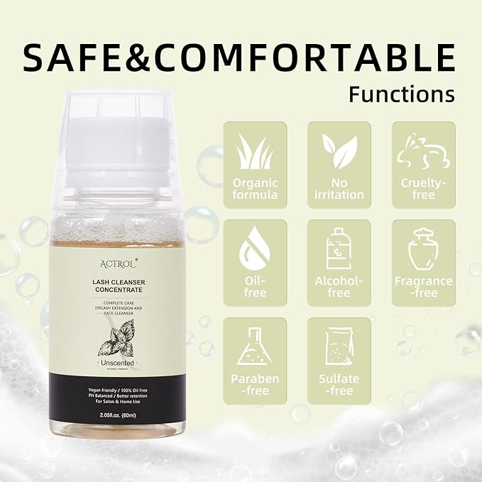 Eyelash Cleanser Concentrate 60ml Unscented Professional Lash Shampoo Foaming Cleanser DIY Wash for Extensions Lashes with Salon Home Care-Makes 6 Bottles