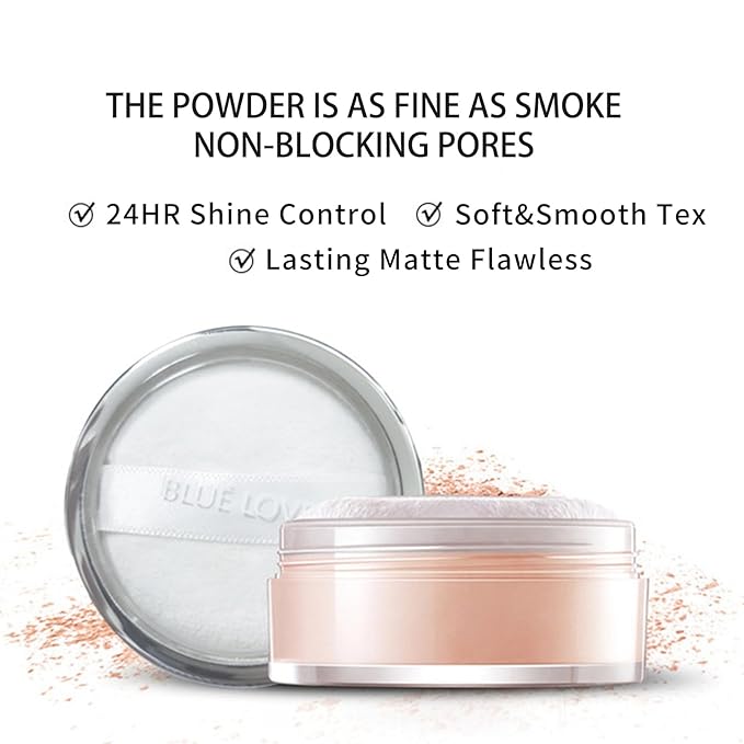 BLUE LOVE 2Pcs Loose Setting Powder Makeup for Face Set, Oil Control Smooth Face Makeup Finishing Powder Foundation, Waterproof Cosmetic Powder Loose Face Powder Compact for Oily Skin