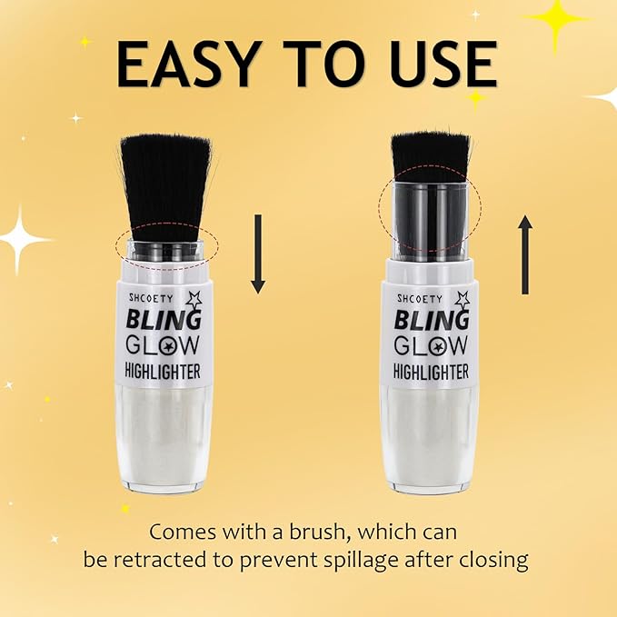 Face Highlighter Powder Stick, Pearl White Shimmer Glitter Loose Powder Brush Stick, Contouring Brighten Patting Powder Makeup for Face Body Cheeks, Longlasting Glow Highlighters Makeup