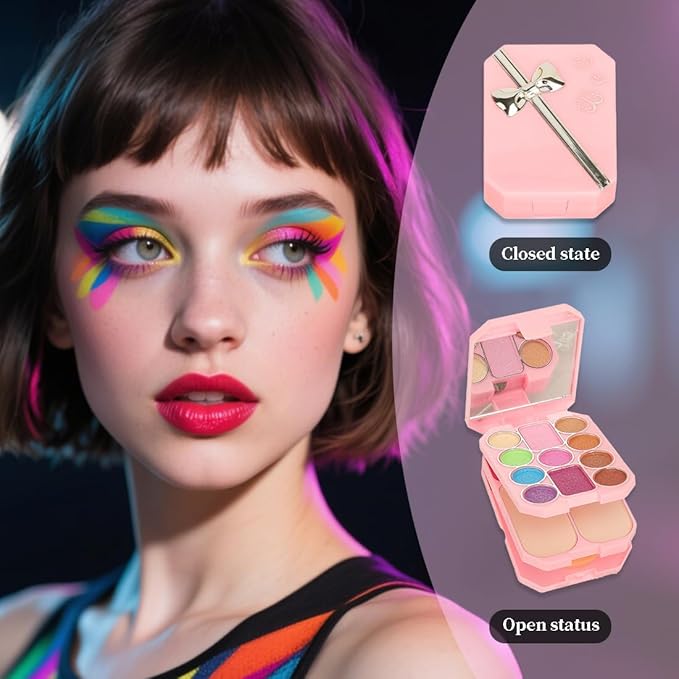 18 Color Beauty Makeup Palette Set Portable All-in-One 11 Eyeshadow 2 Blush 2 Shimmer 3 Lipstick Palette Kit with Dual-Ended Brushes, Travel-Friendly Cosmetic Case for Daily Party