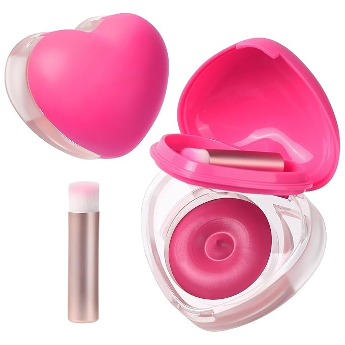 Heart-Shaped Cream Blush for Cheeks & Lips β 2-in-1 Tinted Lip and Cheek Balm Kit with Mini Brush β Blendable Dewy Blusher Face Makeup for Women, Portable Compact for Travel & On-the-Go Touch Ups 06