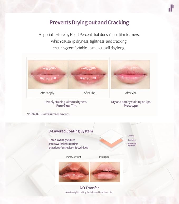 Heart Percent Dote On Mood Pure Glow Tint, Watery & Lightweight Moisturizing Lip Stain Long Lasting Liquid Lipstick 6.8g, #02. Pink Rose