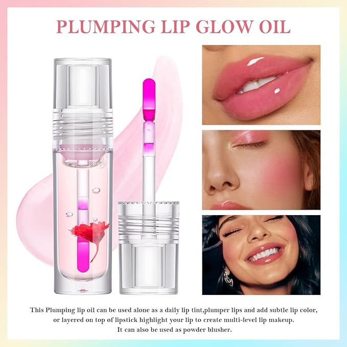 Plumping Lip Glow Oil,Hydrating Tinted Lip Oil Color Changing Lip Gloss Floral Moisturizing Lip Balm Lip Care For Dry Lip Long Lasting Nourishing 3Pack