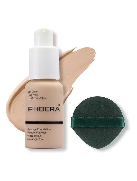 PHOERA Foundation Makeup, Flawless Soft Matte Oil Control Liquid Foundation, Full Coverage Mattle Oil-Control Concealer for Older Women, Great Choice For Gift (#102 Nude)
