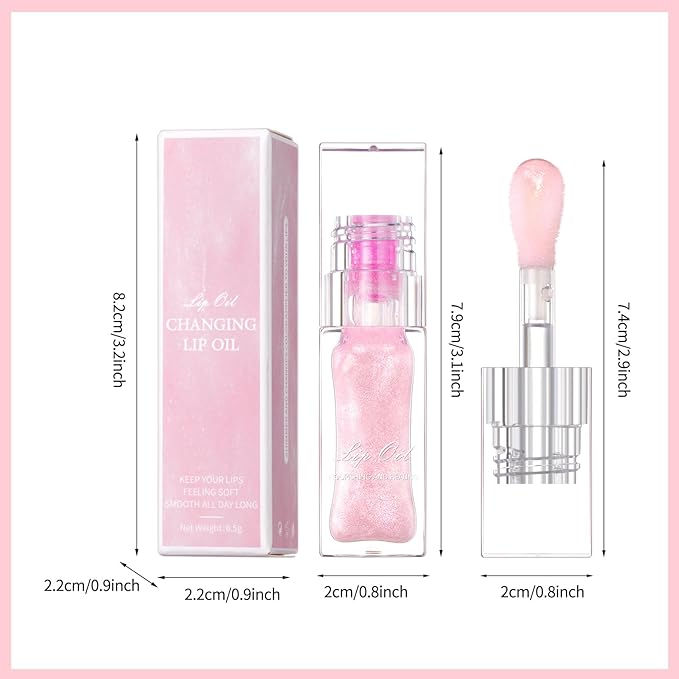 Erinde Magic Color Changing Lip Oil, Moisturizing Lip Glow Oil, Plumping Shimmer Big Brush Tinted Lip Balm Lip Care, Long Lasting Nourishing Non-sticky Fresh Texture Lip Gloss Lip Balm