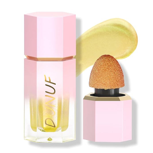 Liquid Highlighter, Natural Glow Liquid Luminizer, High Glossy Cream Highlighter Makeup with Cushion Applicator, Smooth Silky Lightweight Liquid Illuminator for Face & Body, Shake to Use-Gold