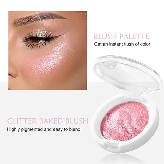 Powder Blush for Cheeks, Baked Blush Palette Highlighter Makeup, Brighten Glow Face Blusher, Shimmer Buildable Lightweight Multiuse Baked Powder for Eyeshadow Highlight rubores de maquillaje