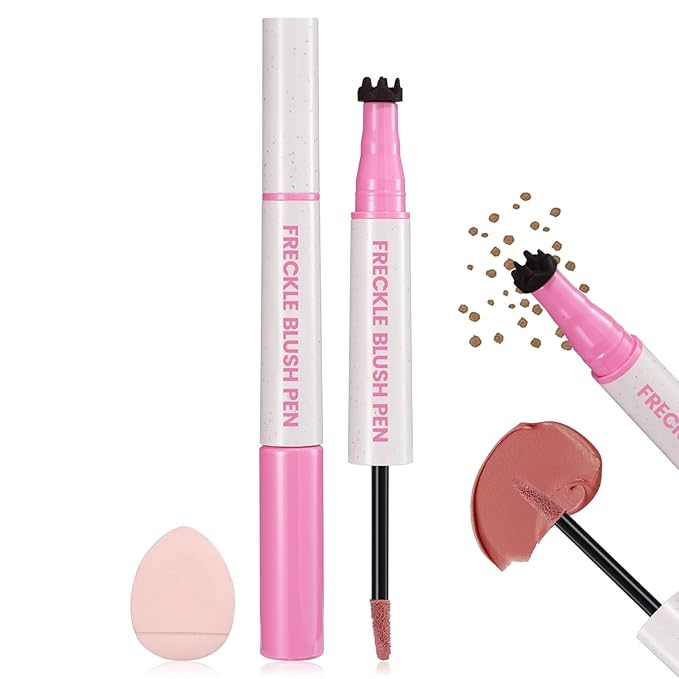 DAGEDA Freckle Blush Makeup Pen, 2 in 1 Light Brown Freckle Stamp Pink Blush, Waterproof,Quick-dry, Natural Lifelike Freckles for Natural Sunkissed Makeup with Face Puff 01