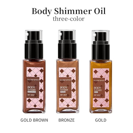 Body Glow Shimmer Body Oil Liquid Highlighter, Gold Shimmering Body Lotion Glitter Luminizer Moisturizing Waterproof, Natural Skin Shimmer For Body and Face Makeup Women Men (60ml/2 oz)