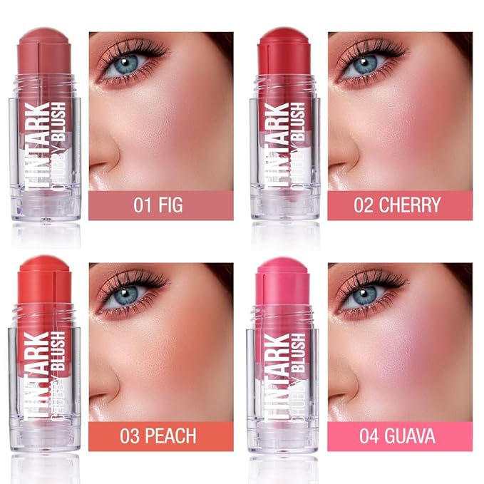 Chubby Cream Blush Stick for Face Cheek Lip Eye, Light Translucent Color for Fair Skin, Velvet Mousse Texture, Natural Pink Magenta Peach Red Matte Makeup Blusher, Vegan Cruelty Free