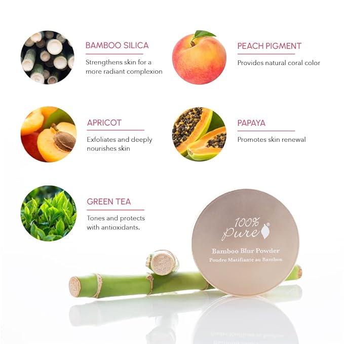 100% PURE Bamboo Blur Powder Tinted Setting Mattifying Face Makeup, Oil Absorbing Pore Minimizing Light Finish - Long Lasting, Vegan, Fruit Pigmented Tan Color (Tan Shade w/Warm Undertones) - 0.2 Oz