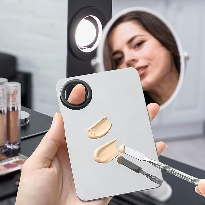 Makeup Mixing Palette Spatula Set, 2PCS Mini Metal Makeup Palette & 2PCS Skincare Spatula, Cream Foundation Palette for Mixing and Save Cosmetics (A)