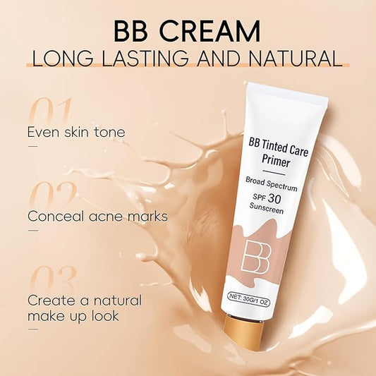 BB Blur Tinted Moisturizer Broad Spectrum SPF 30, BB Cream Tinted Moisturizer Waterproof Concealer, BB Tinted Care Primer Foundation,Full Coverage Light-Medium Skin Color-Hydrates-Smooths Your Skin
