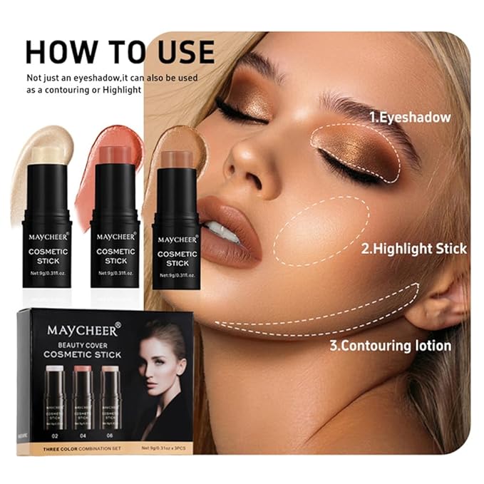 LAMUSELAND Cream Contour Stick Makeup Set, 3 Shades Face Blush Bronzer Contour Pen, Waterproof Long-lasting Matte Highlighter Stick for Fair Dark Skin (A, 3)