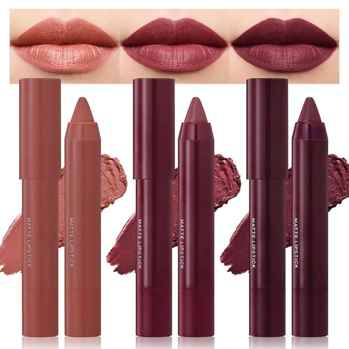 3 Colors Matt Nude Lipstick Lipliner Lip Crayons Pack Set,Velvet Moisture Smooth Matte Lipstick Pencils,Waterproof&Waterlasting,#05#11#12