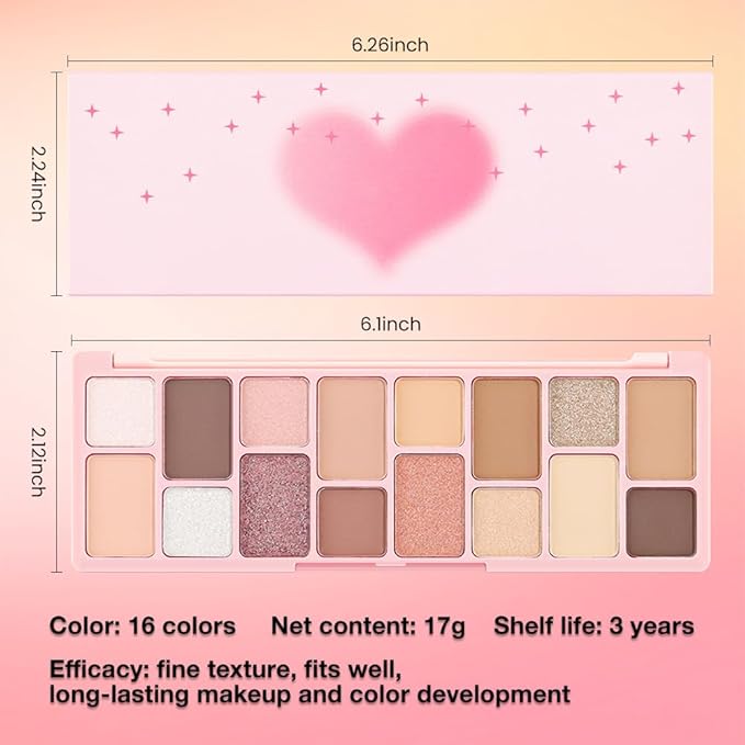 16 Color Pink Champange Brown Gold Colorful Matte Glitter Shimmer Eyeshadow Palette with Mirror for Eye Makeup,Highly Pigmented Korean Natural Rainbow Eye Shadow palette,Blendable-06