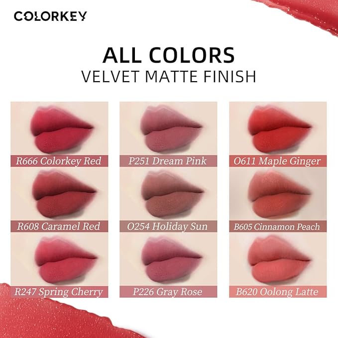 COLORKEY Airy Velvet Lip Tint, Matte Finishs, Longwear Rich Lip Colors, non-sticky, Creamy Soft Texture, Waterproof Lip Stain, Matte hydration, non-drying. Velvety finish (B605 Cinnamon Peach, 3g)