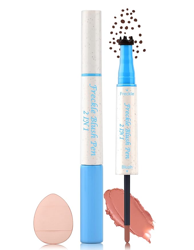 Freckle Pen and Liquid Blush Makeup Set, Freckle Stamp, Freckle Blush Liquid Pencil with Powder Puff, Freckles Tattoo, Waterproof Quick Dry Long Lasting, Natural Sun-kiss Face Makeup #02