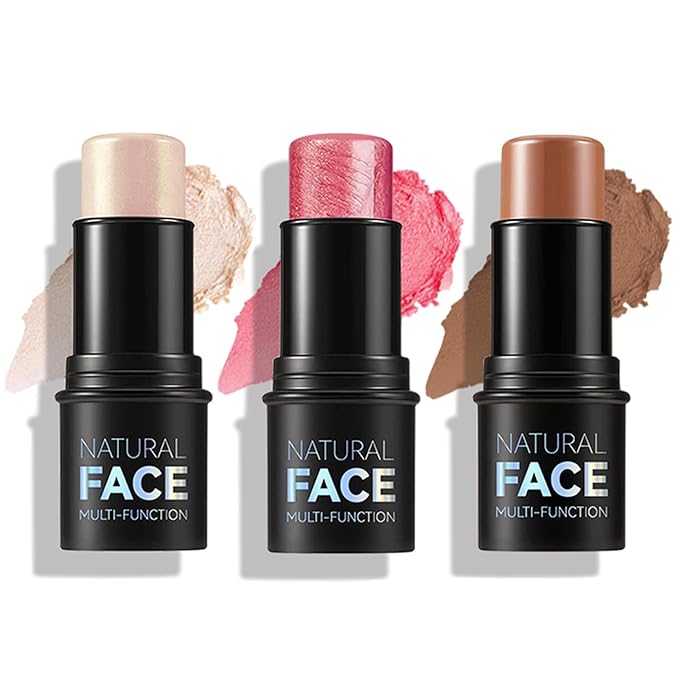 3 Pcs Cream Blush Contour Highlighter Stick,Highlighting & Contouring Stick,Bronzer Contour Stick for Sculpt the Cheeks,Lightweight Dewy Blush Stick,Waterproof and Long-Lasting (01,03,04)