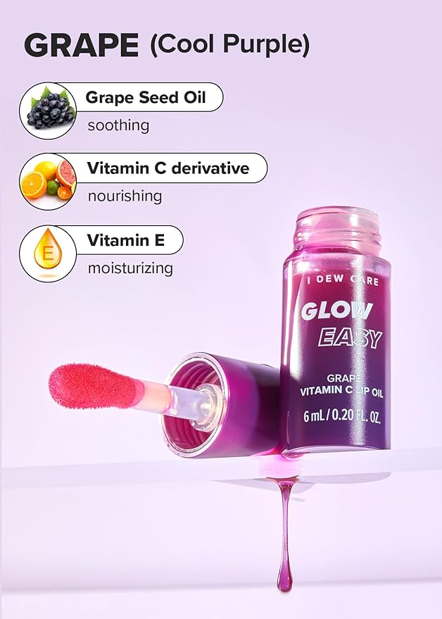 I DEW CARE Lip Gloss - Glow Easy Grape | Jojoba Seed Oil, Vitamin C, Pigmented Glossy Stain, Hydrating, Korean Makeup, Pink Color, Moisturizing, Nourishing Crystal, 0.20 FL Oz