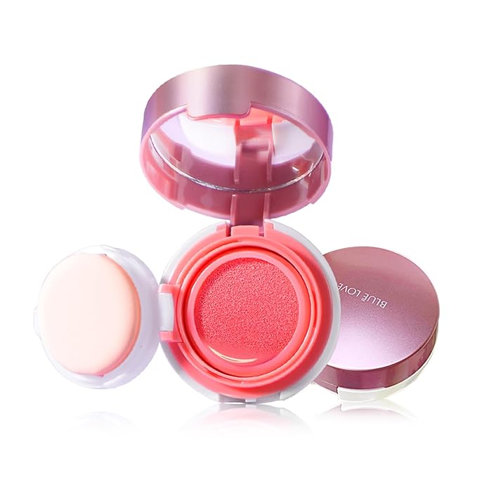BLUE LOVE Cushion Liquid Blush - Silky Cheek Tint with Mirror, Natural Enhancer for a Radiant Finish, Contours & Highlights for Effortless Elegant (02 Peach Pink)