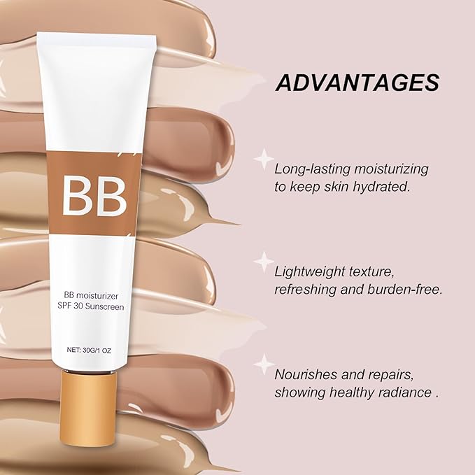 BB Blur Tinted Moisturizer, BB Moisturizer Spf 30, BB Tinted Primer with Brush, Full Coverage Light-Medium Skin Color Hydrating & Smoothing (Ivory)