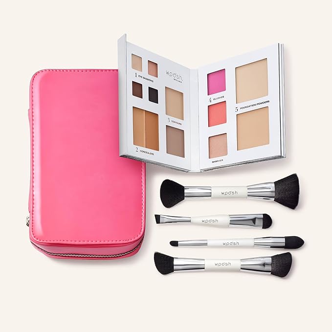 Woosh Beauty, Jetsetter Bundle, Fold out Face Original, Essential Brush Set, Travel Case in Hot Pink, Shade #2.5 Medium Tan
