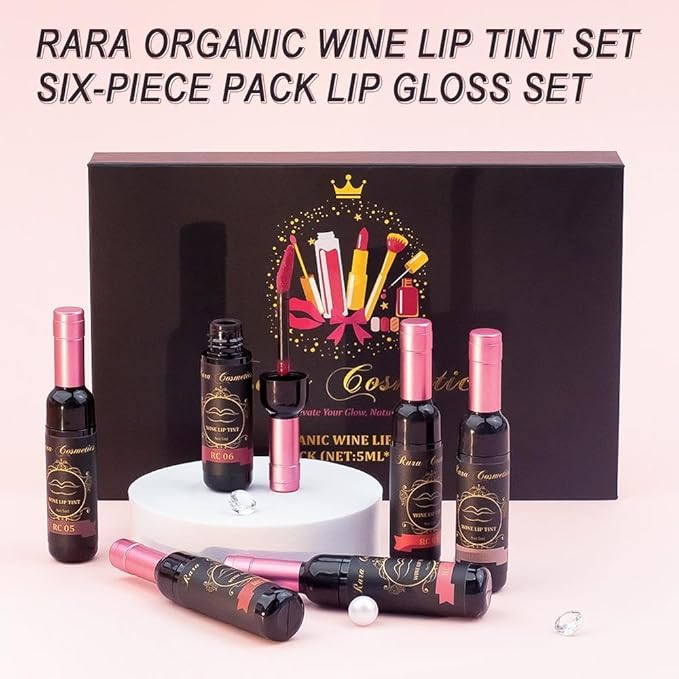 6 Multi Color Organic Wine Lip Tint Set, Lip Gloss, Wine Lip Tint Long Lasting 24 Hour Waterproof Nonstick Cup Lipgloss Lip Makeup Gift Sets for Girls and Women .17 Fl Oz